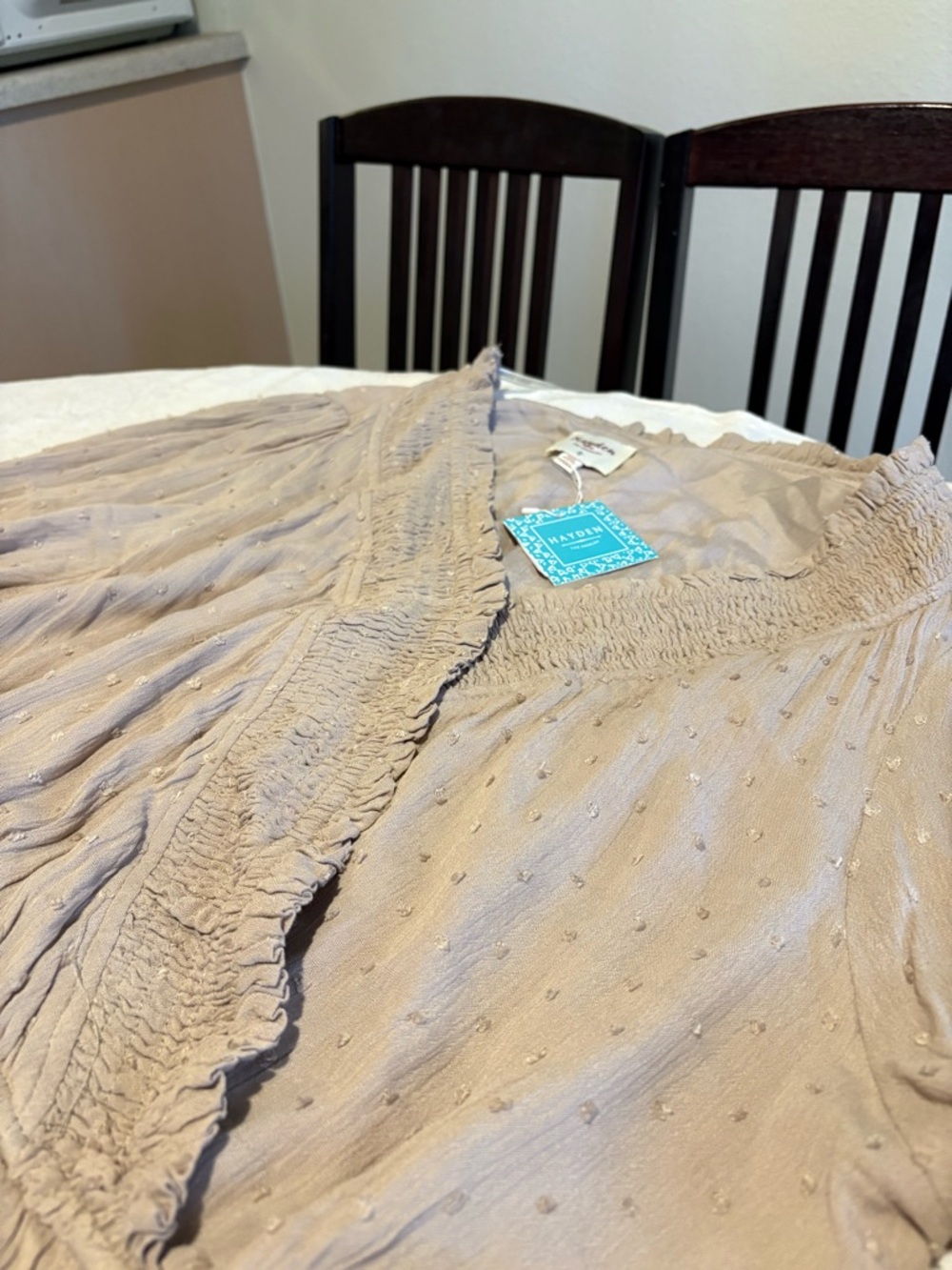 Light Taupe Ruffled V-Neck Peasant Midi - Women - Picture 2 of 5